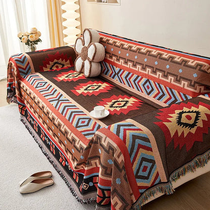 Geometric Patterned Boho Sofa Cover with Fringes