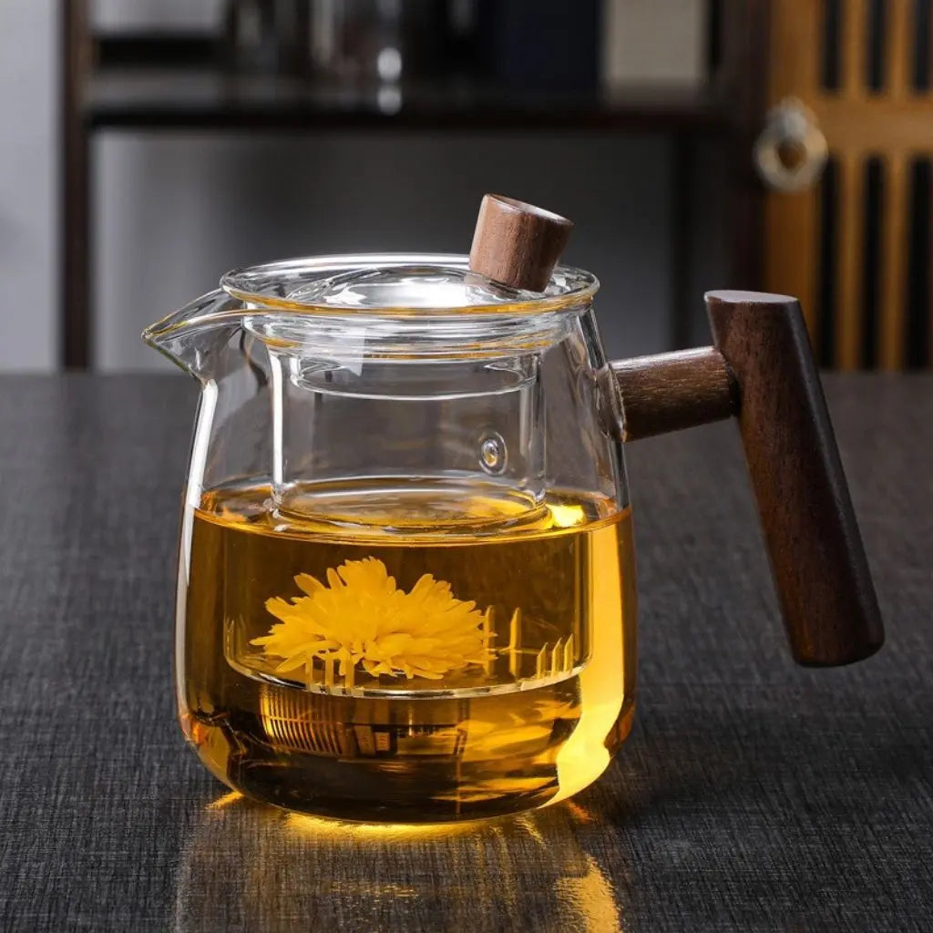 Glass Teapot with Infuser and Wooden Handle - Borosilicate