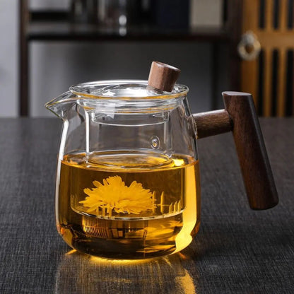 Glass Teapot with Infuser and Wooden Handle - Borosilicate