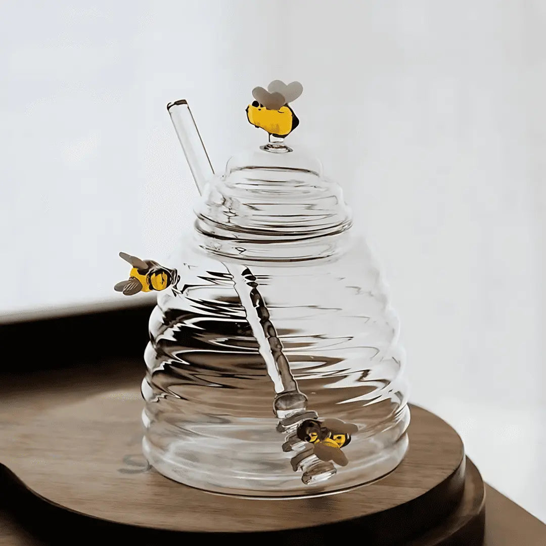 Honey Jar in Glass with Lid – Bee Motif Design
