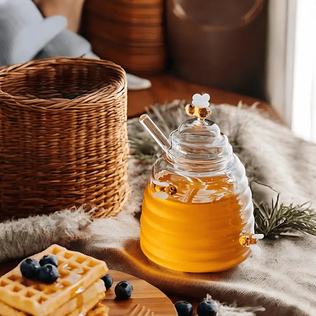 Honey Jar in Glass with Lid – Bee Motif Design