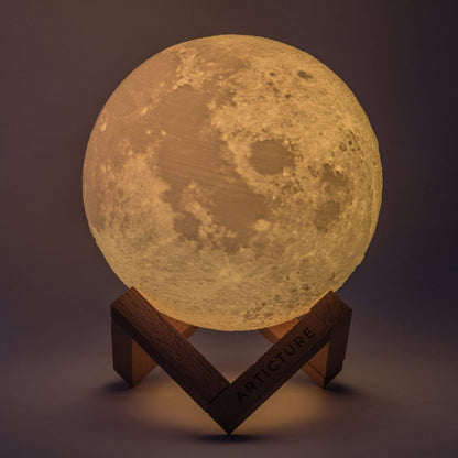 Moon Lamp in 3D Design with Wooden Stand