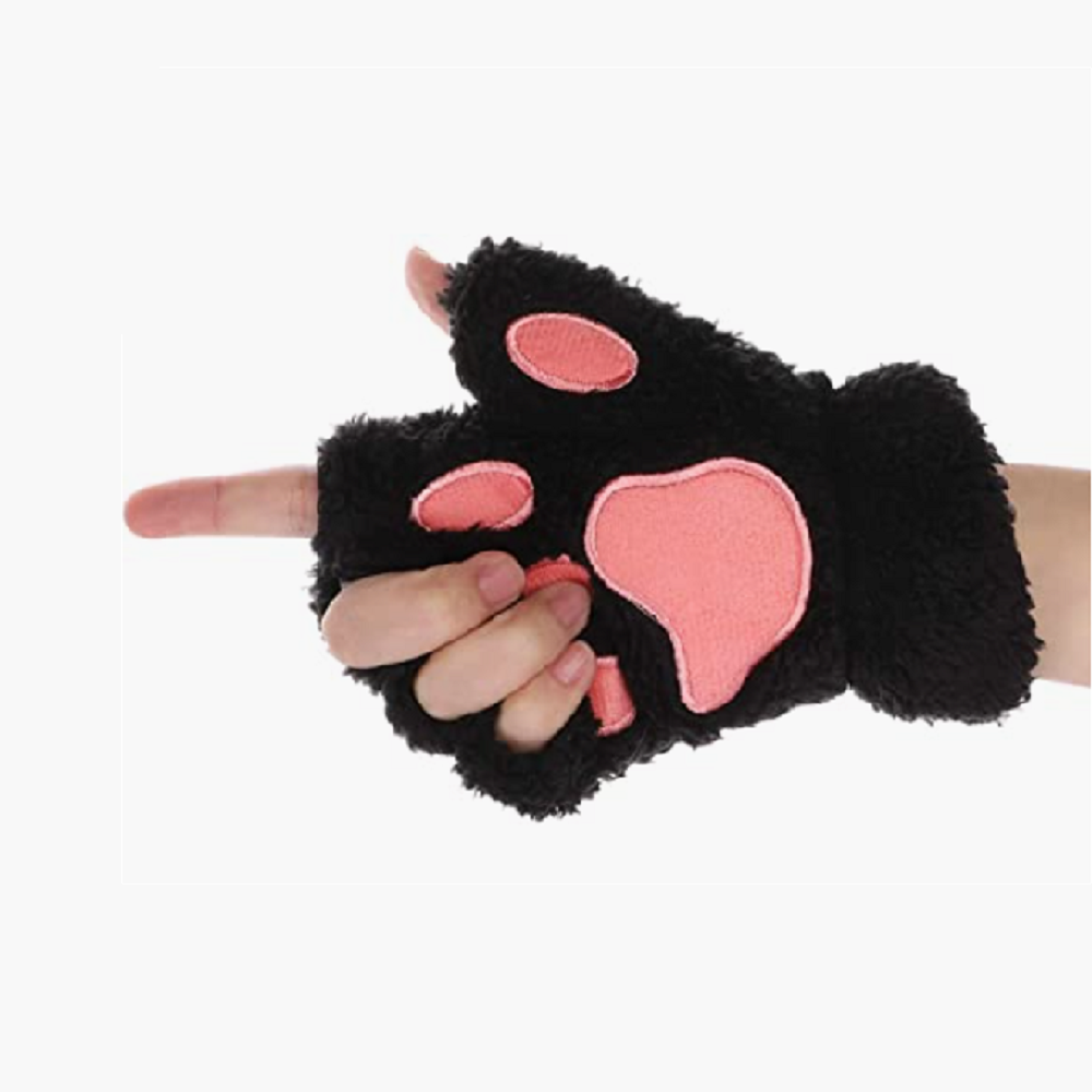 Adorable Plush Half Finger Gloves for Women – Cat and Dog Paw Design