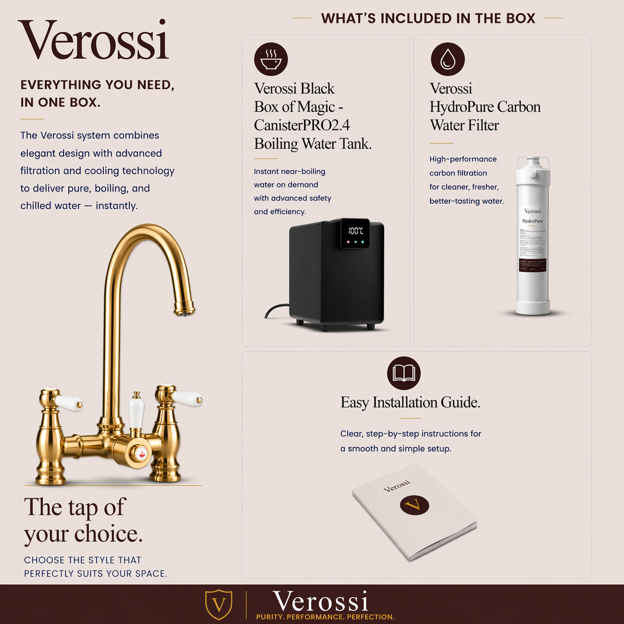 3-in-1 Boiling Tap with Ceramic Levers in Brushed Gold Finish