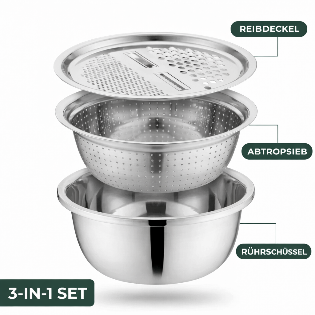 Stainless Steel Mixing Bowl Set with Grater and Sieve - 3 Pieces