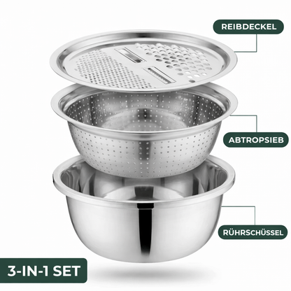 Stainless Steel Mixing Bowl Set with Grater and Sieve - 3 Pieces