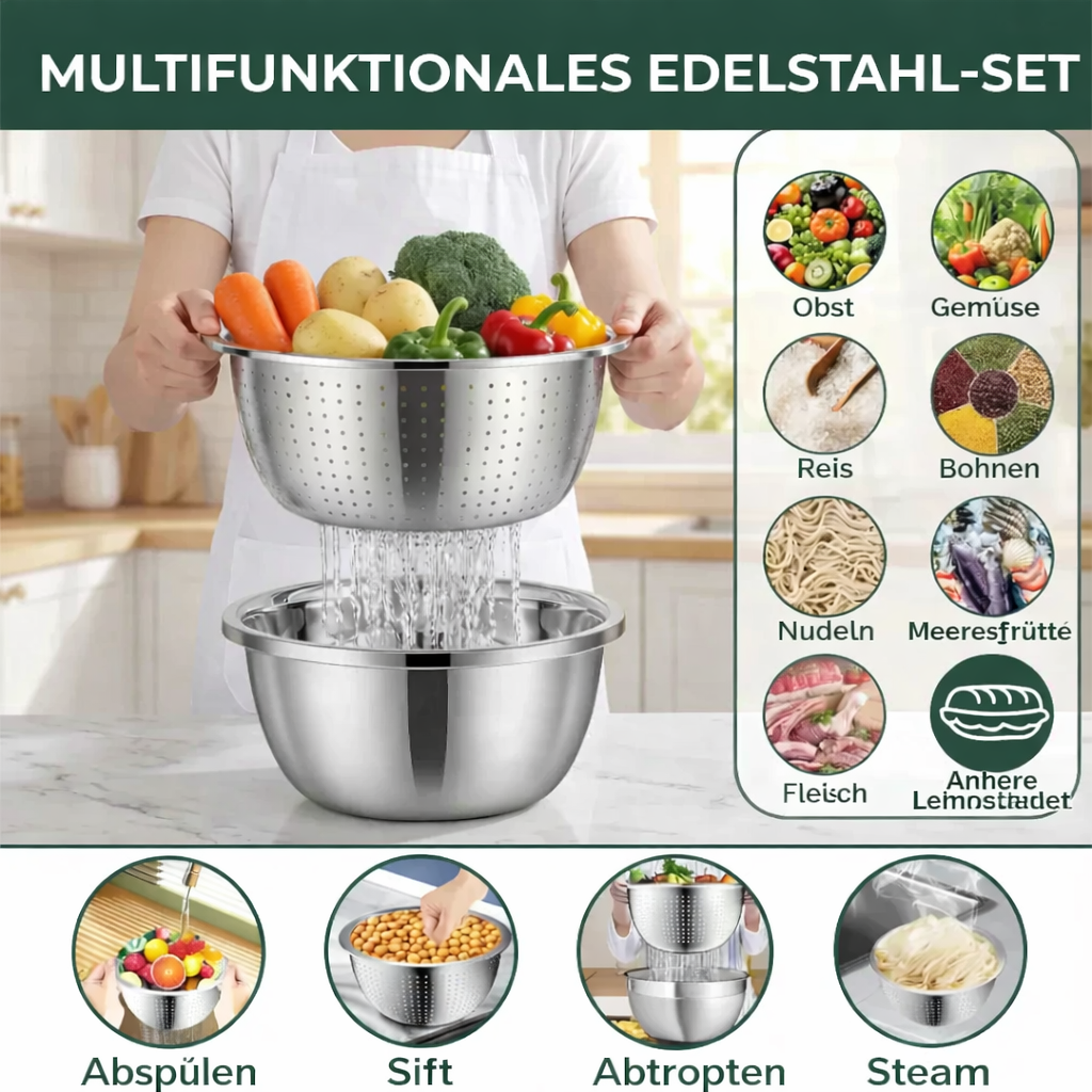 Stainless Steel Mixing Bowl Set with Grater and Sieve - 3 Pieces