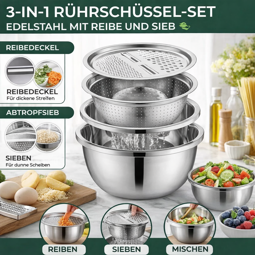 Stainless Steel Mixing Bowl Set with Grater and Sieve - 3 Pieces