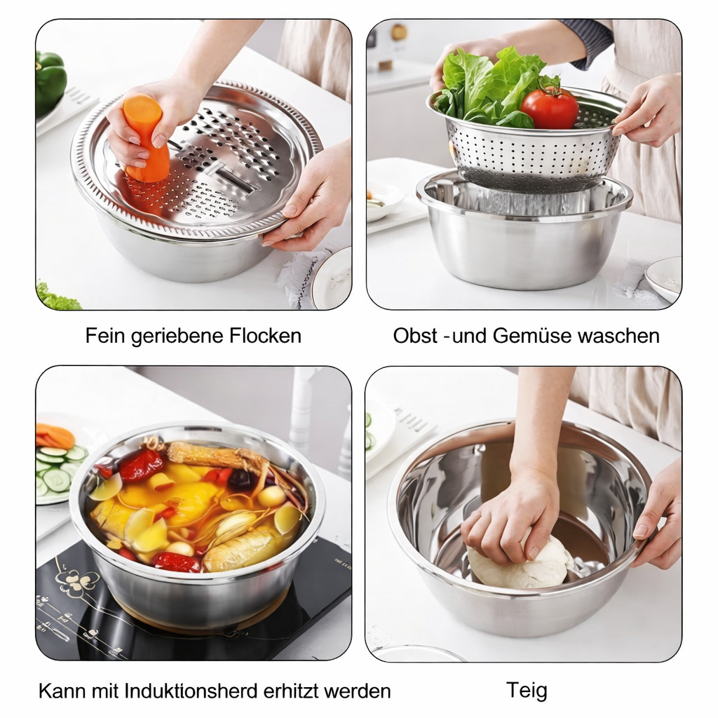 Stainless Steel Mixing Bowl Set with Grater and Sieve - 3 Pieces