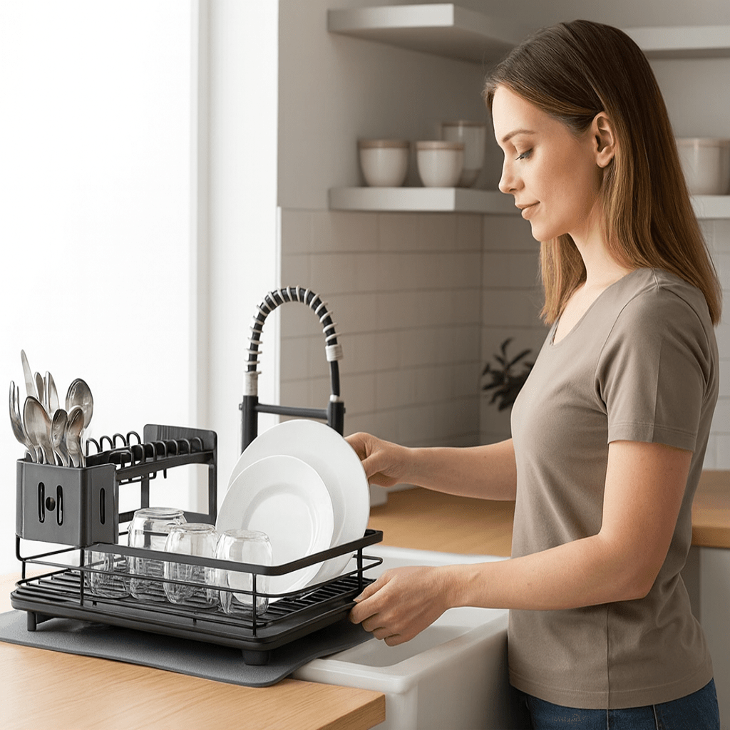 Compact Stainless Steel Dish Rack with Cutlery Organizer, Non-Slip Base and Drainage System for Small Spaces