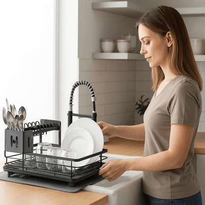 Compact Stainless Steel Dish Rack with Cutlery Organizer, Non-Slip Base and Drainage System for Small Spaces