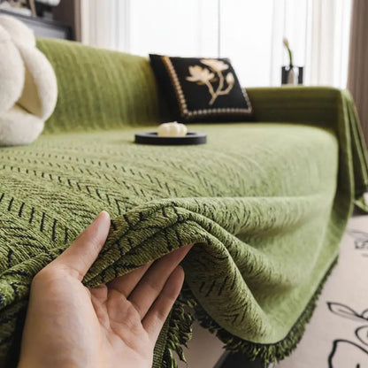 Herringbone Chenille Sofa Cover – Decorative Throw Blanket with Fringe