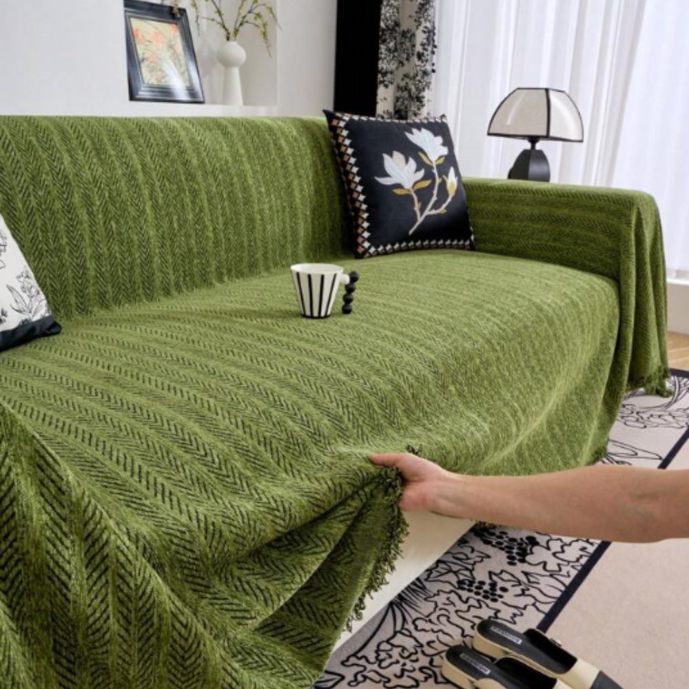 Herringbone Chenille Sofa Cover – Decorative Throw Blanket with Fringe
