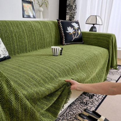 Herringbone Chenille Sofa Cover – Decorative Throw Blanket with Fringe
