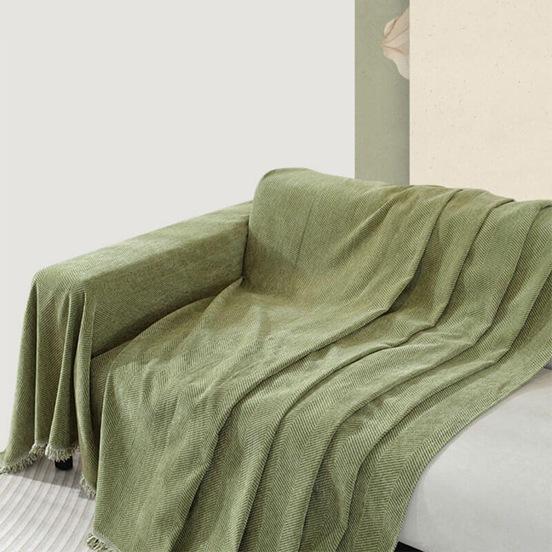 Chenille Herringbone Blanket with Tassels for Sofa