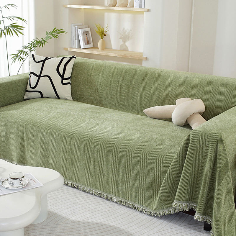 Chenille Herringbone Blanket with Tassels for Sofa