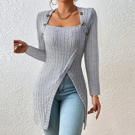 Elegant Square Neck Ribbed Knit Dress for Women