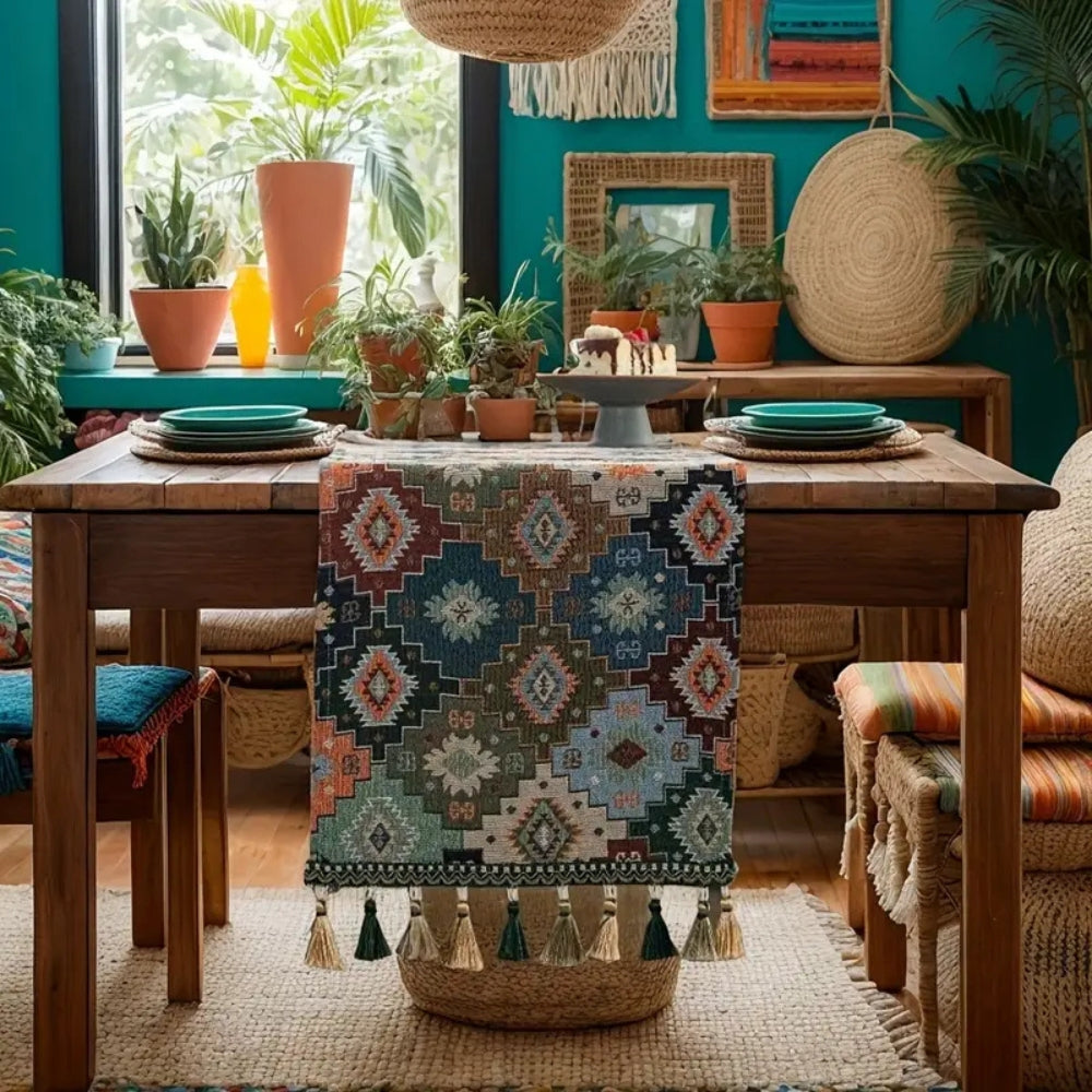 Vibrant Geometric Tassel Table Runner for Stylish Decor