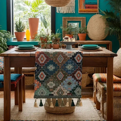 Vibrant Geometric Tassel Table Runner for Stylish Decor