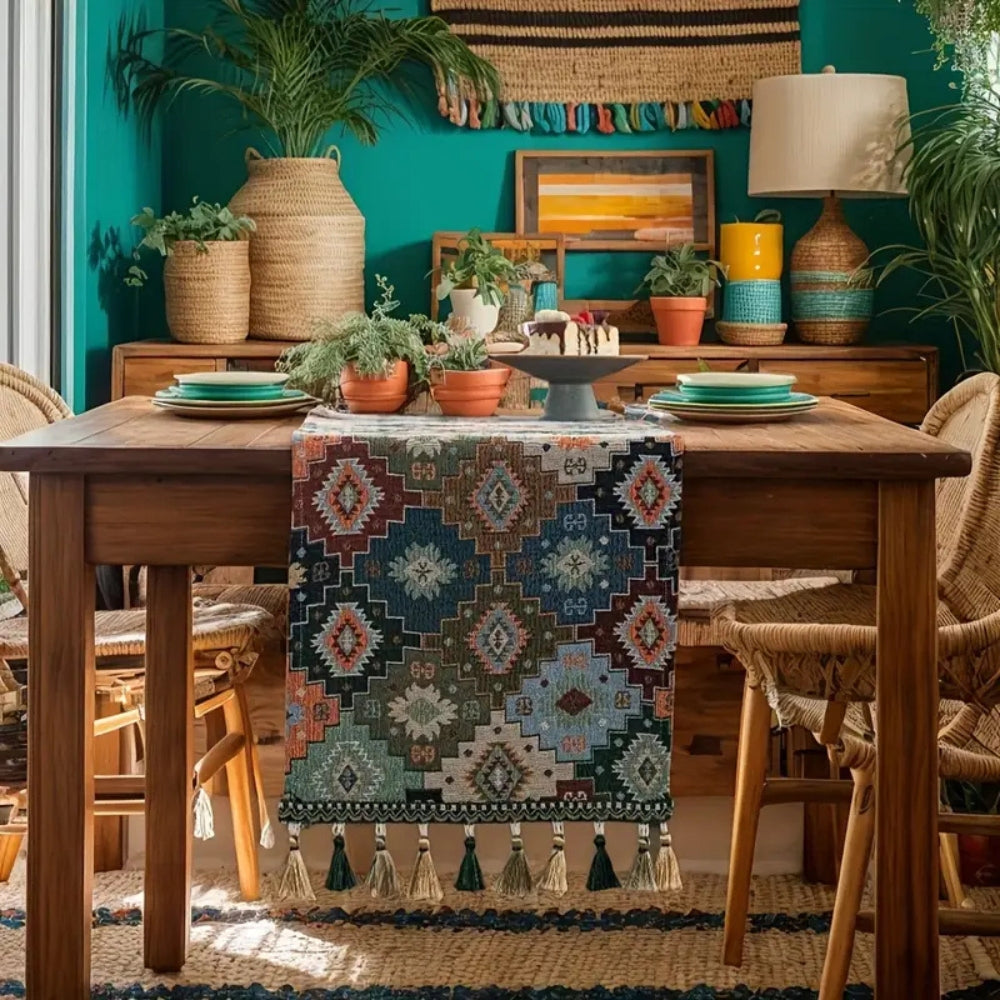 Vibrant Geometric Tassel Table Runner for Stylish Decor