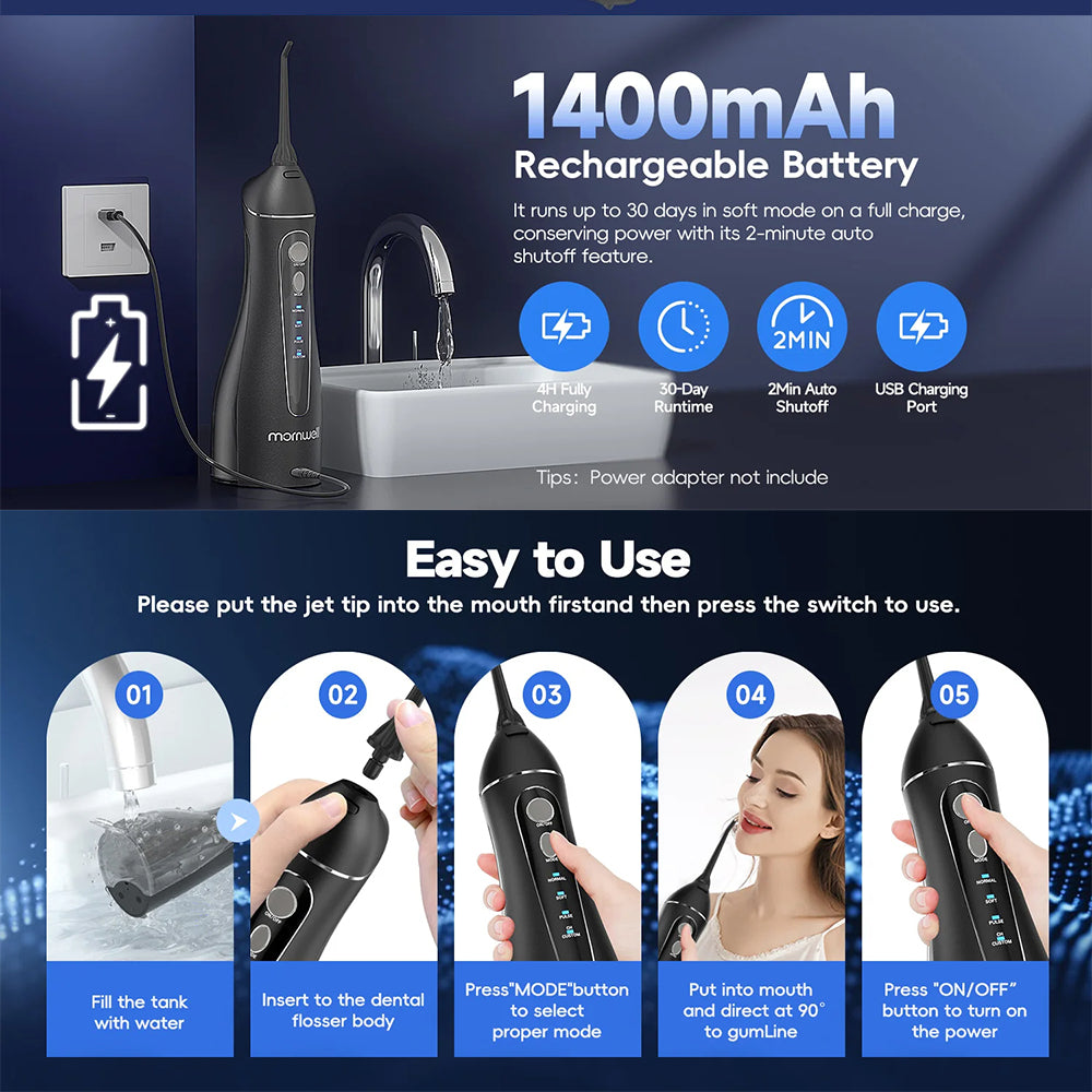 Portable Cordless Water Flosser - Rechargeable Oral Irrigator, 200ML Tank, 4 Tips, IPX7 Waterproof, 3 Settings