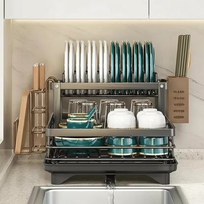 Compact Stainless Steel Dish Rack with Cutlery Organizer, Non-Slip Base and Drainage System for Small Spaces