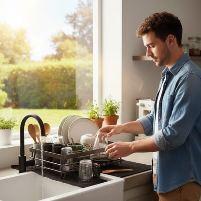 Compact Stainless Steel Dish Rack with Cutlery Organizer, Non-Slip Base and Drainage System for Small Spaces
