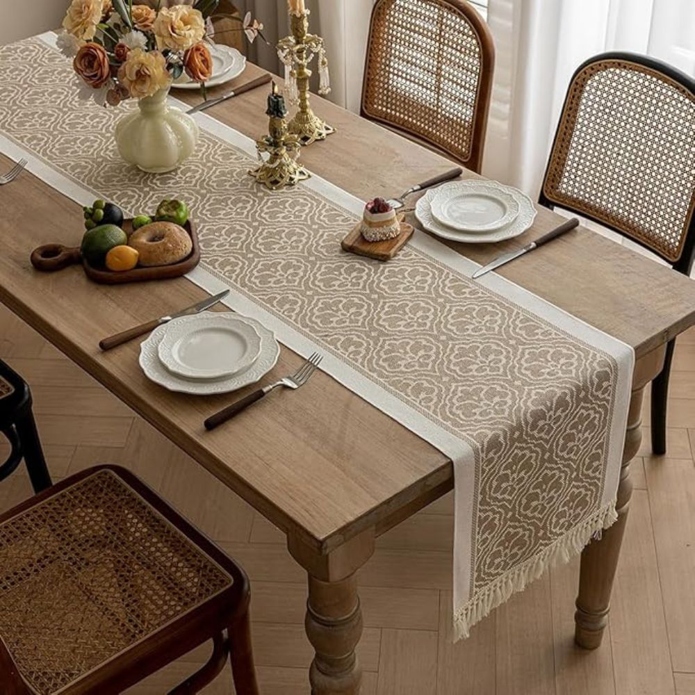 Elegant Earth Tone Table Runner with Tassel Fringe