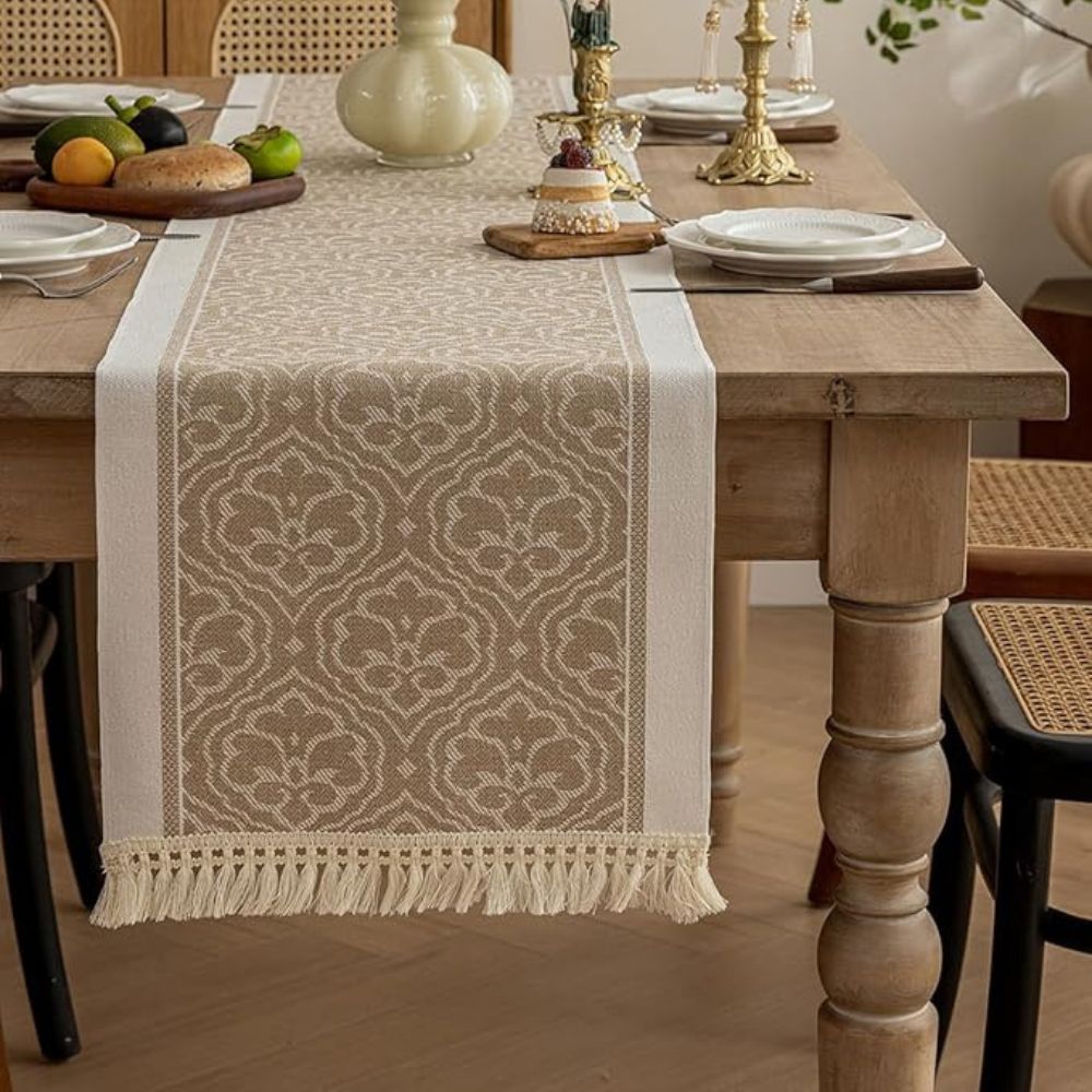 Elegant Earth Tone Table Runner with Tassel Fringe
