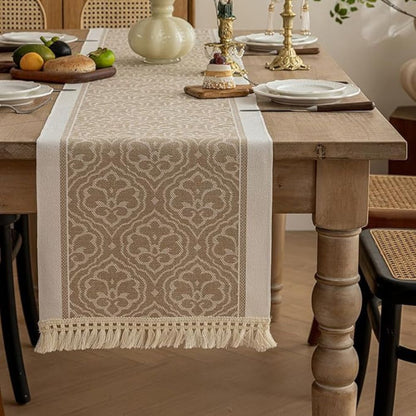 Elegant Earth Tone Table Runner with Tassel Fringe