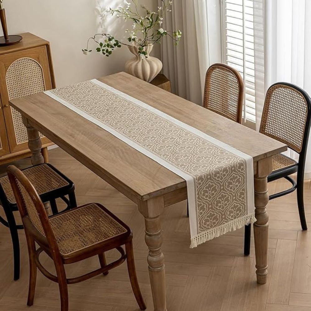 Elegant Earth Tone Table Runner with Tassel Fringe