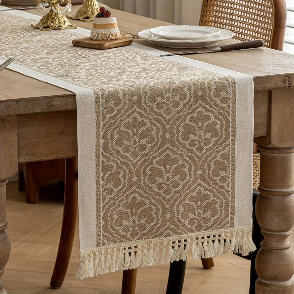 Elegant Earth Tone Table Runner with Tassel Fringe