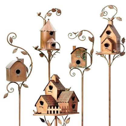Charming Metal Birdhouse Garden Stake for Outdoor Elegance