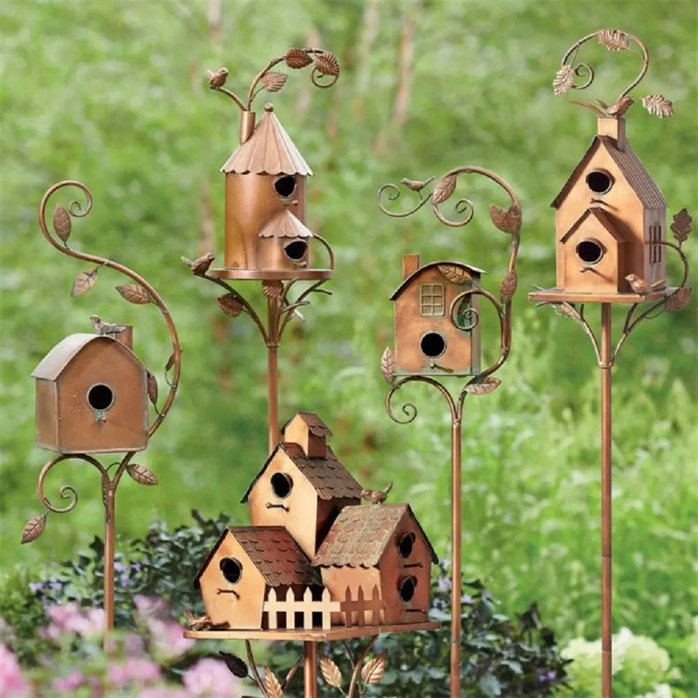 Charming Metal Birdhouse Garden Stake for Outdoor Elegance