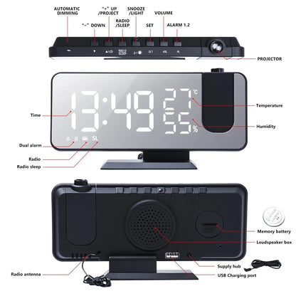 Smart Projection Alarm Clock with USB Charging and FM Radio