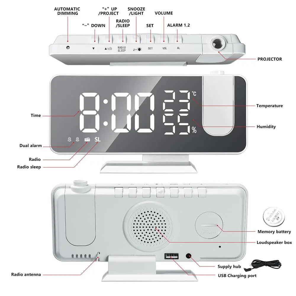 Smart Projection Alarm Clock with USB Charging and FM Radio