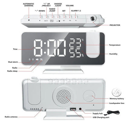 Smart Projection Alarm Clock with USB Charging and FM Radio