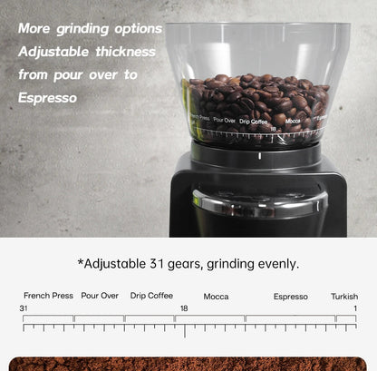 Electric Coffee Grinder with 34 Grind Options, Flat Burr for Precision