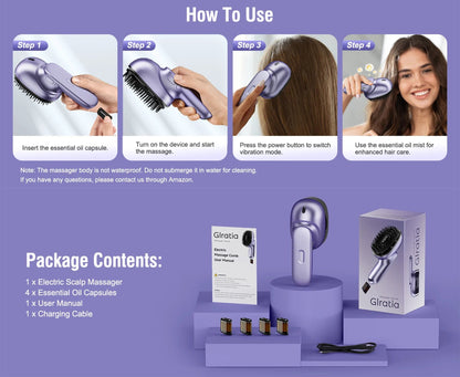 Scalp Massage Brush with Essential Oil Sprayer | 2 Vibration Settings, 4 Oil Cartridges, USB Rechargeable & Washable