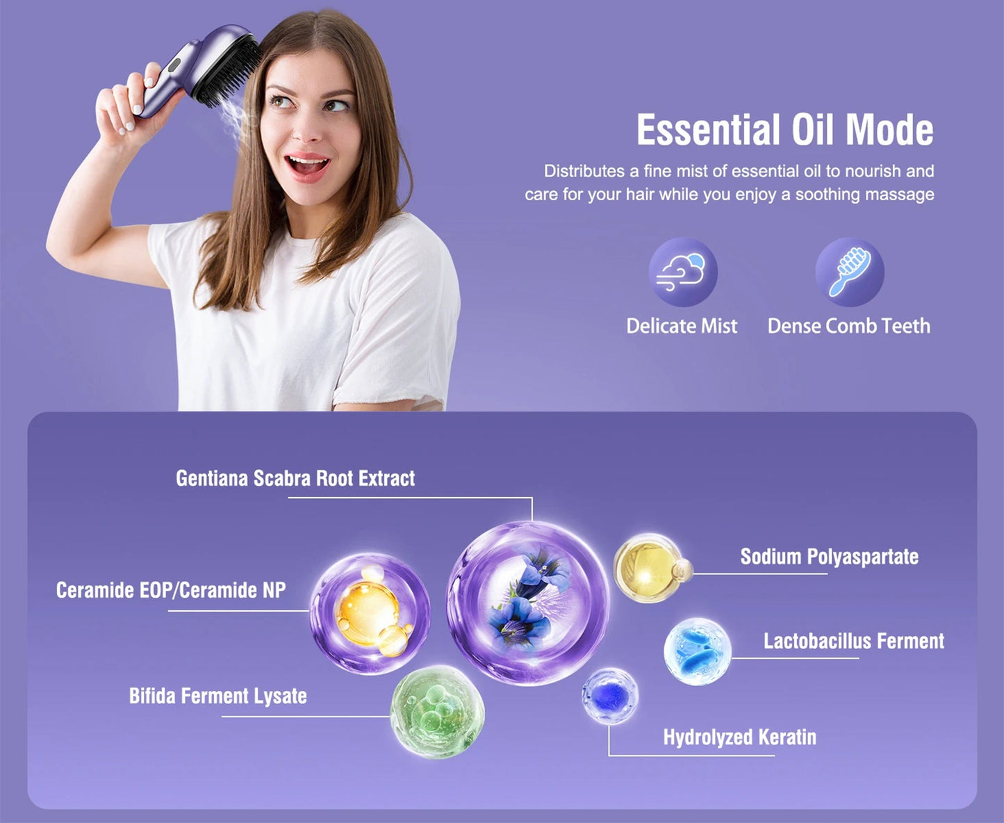 Scalp Massage Brush with Essential Oil Sprayer | 2 Vibration Settings, 4 Oil Cartridges, USB Rechargeable & Washable