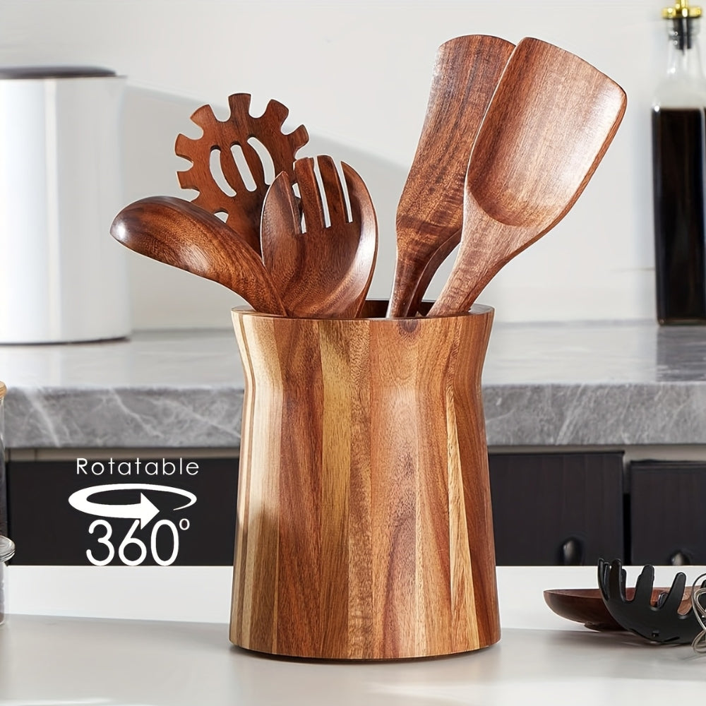 Chic Rotating Kitchen Utensil Organizer in Acacia Wood