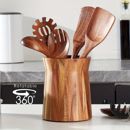 Chic Rotating Kitchen Utensil Organizer in Acacia Wood