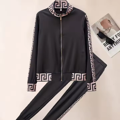 Elegant Greek Patterned Casual Tracksuit Set