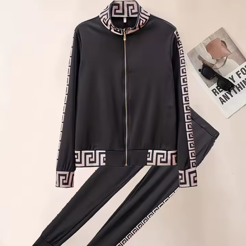 Elegant Greek Patterned Casual Tracksuit Set