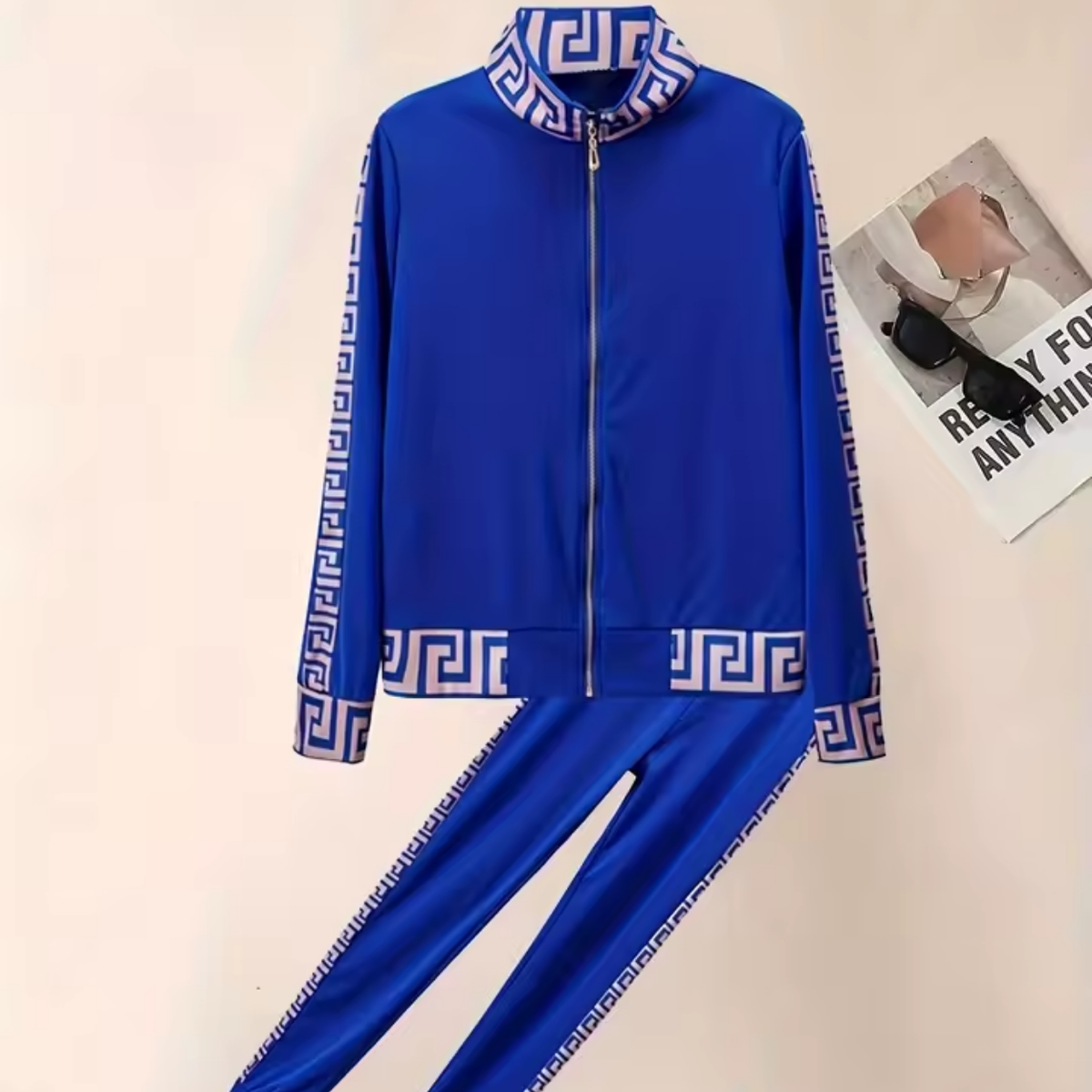Elegant Greek Patterned Casual Tracksuit Set