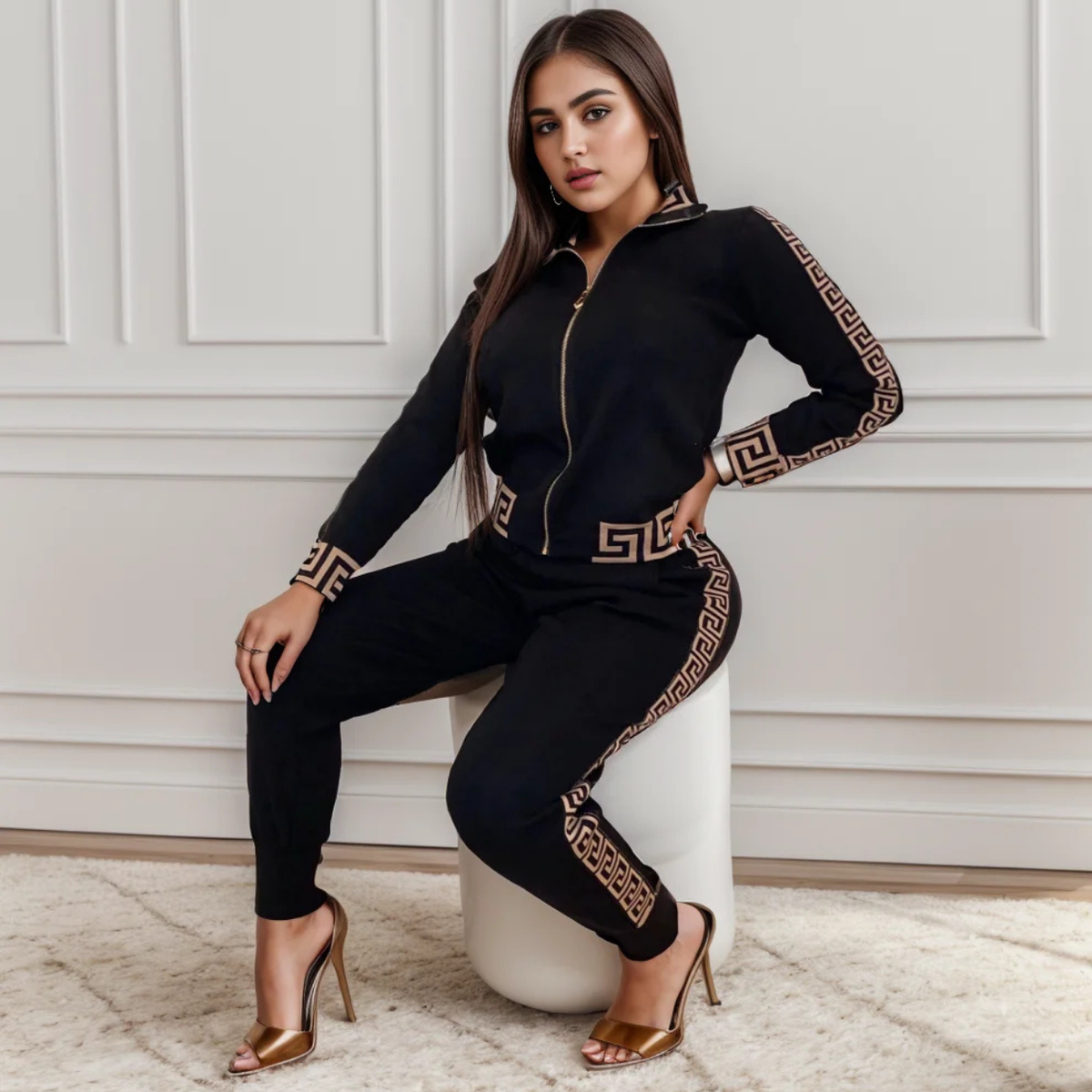 Elegant Greek Patterned Casual Tracksuit Set