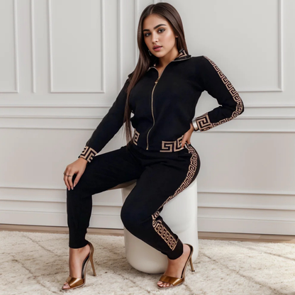 Elegant Greek Patterned Casual Tracksuit Set