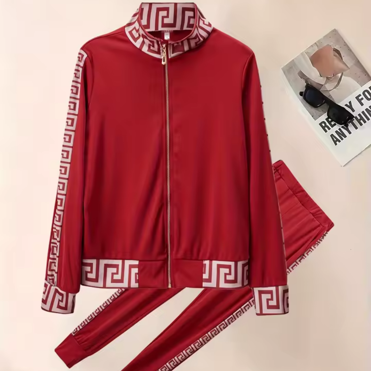 Elegant Greek Patterned Casual Tracksuit Set