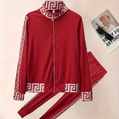 Elegant Greek Patterned Casual Tracksuit Set