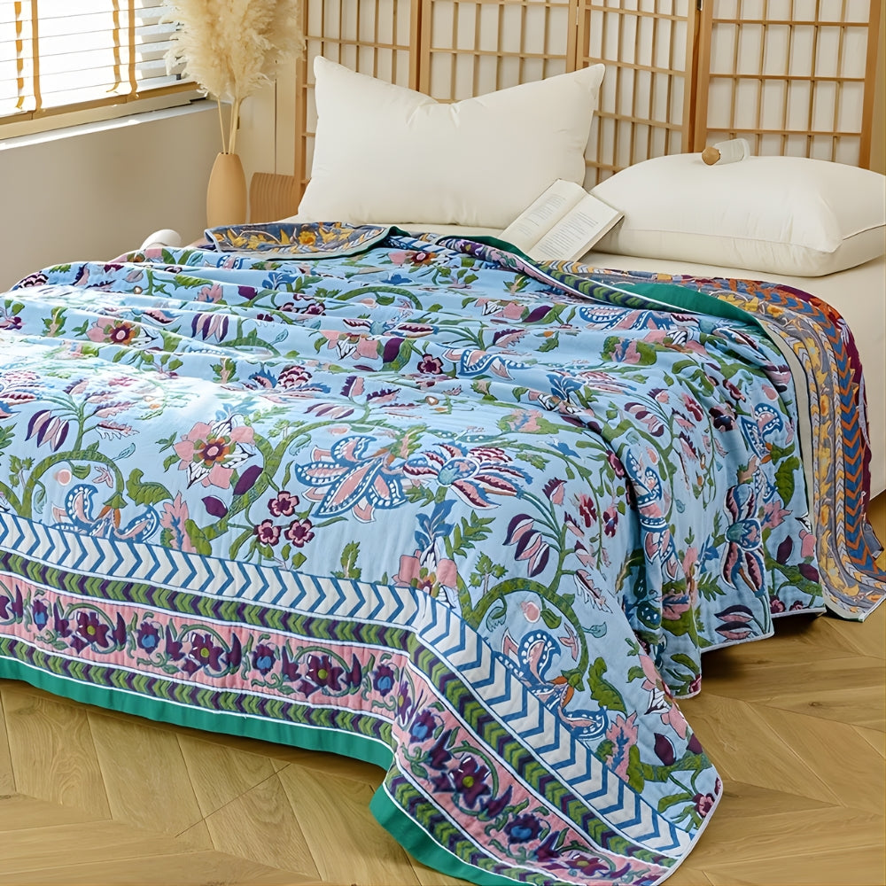 Elegant Floral Reversible Cotton Throw Blanket